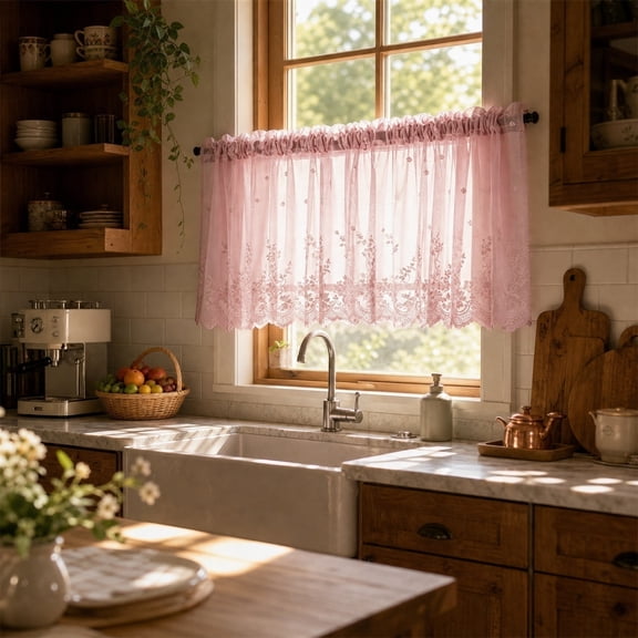 Lace Embroidered Window Valance, 137X90cm Romantic Lace Valance Curtain, Light Filtering Sheer Curtain Tier for Kitchen and Living Room