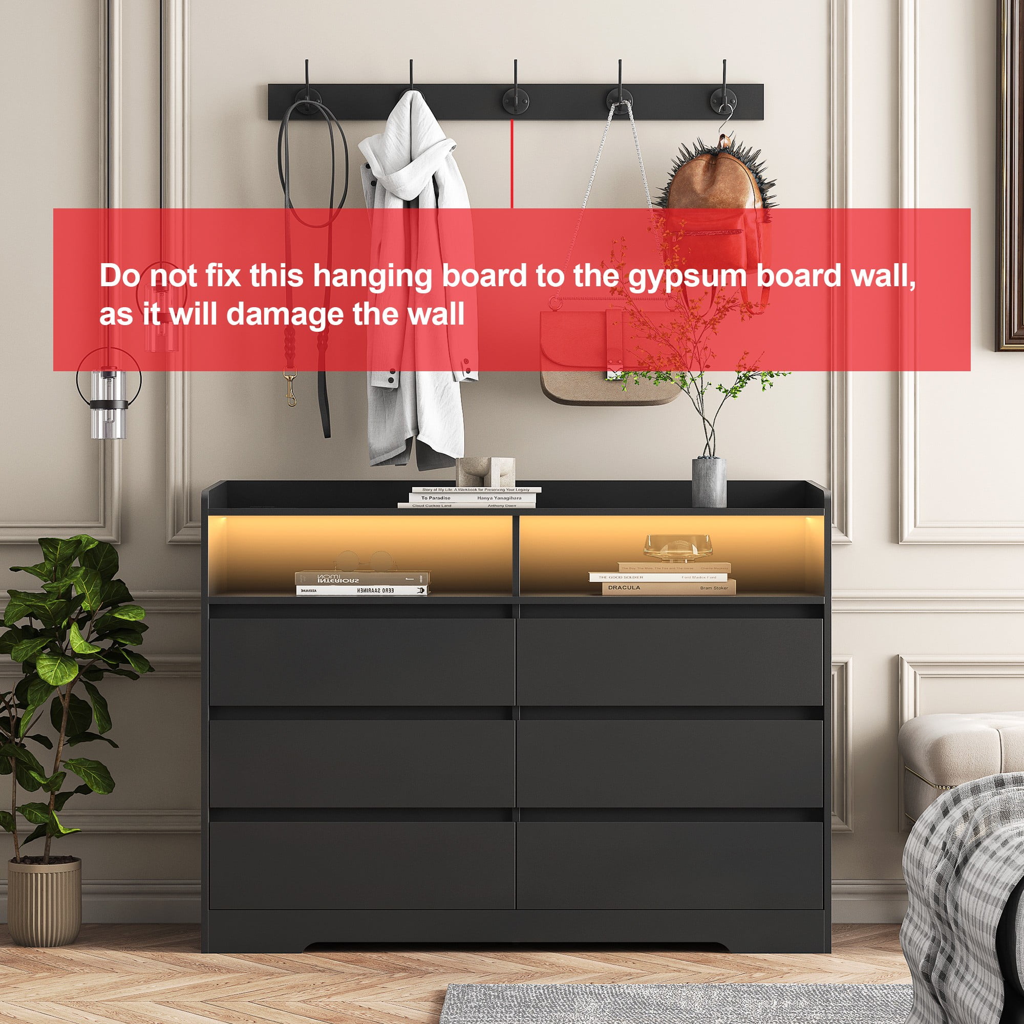 Finihen 6 Drawer Dresser, Modern Chest of Drawers with Led Lights, Wooden Dresser for Bedroom with Sturdy Frame for Living Room, Entryway, Hallway, Black-L Finihen 6 Drawer Dresser, Modern Chest of Drawers with Led Lights, Wooden Dresser for Bedroom with Sturdy Frame for Living Room, Entryway, Hallway, Black-L