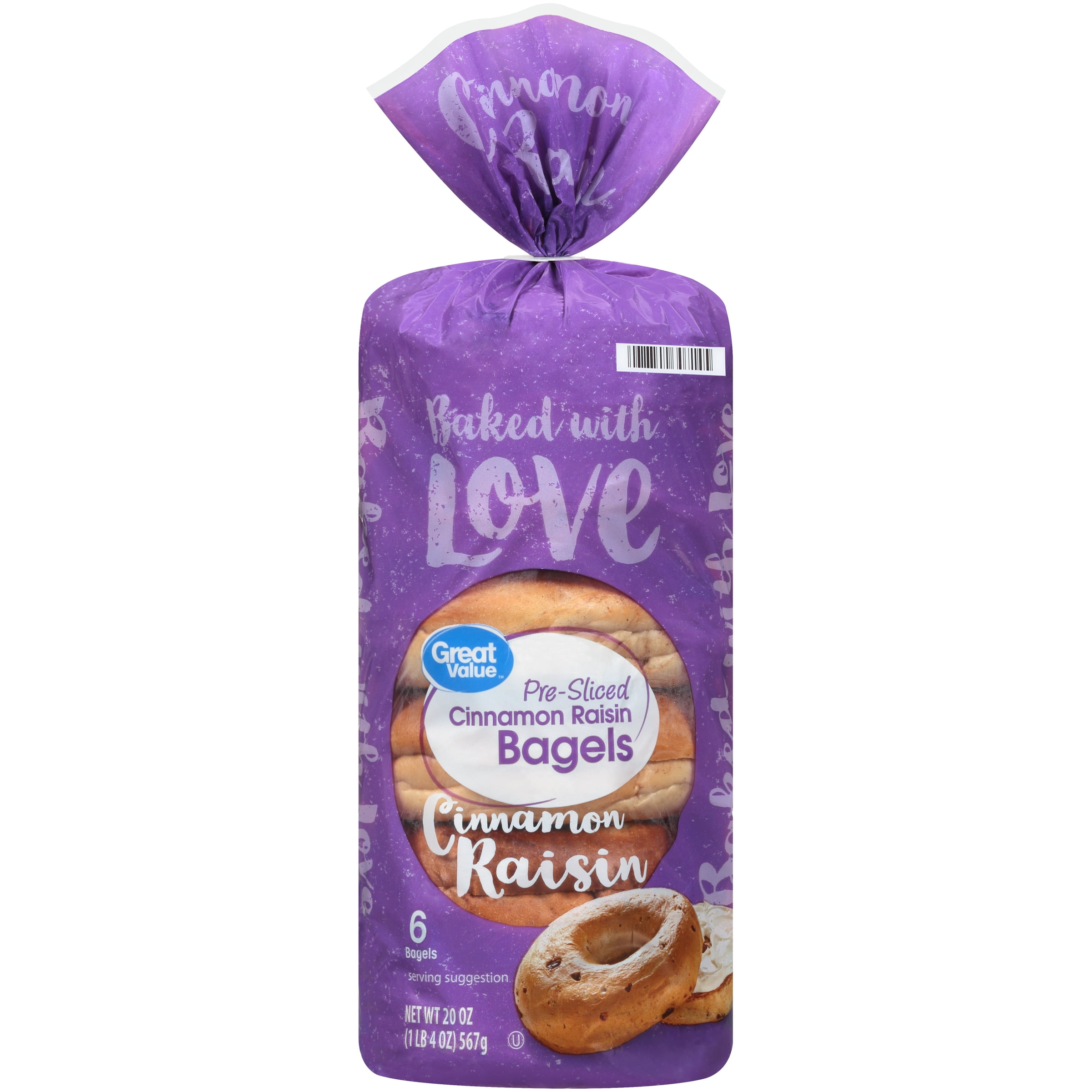 Great Value PreSliced Cinnamon Raisin Bagels, 6 count, 20 oz Walmart