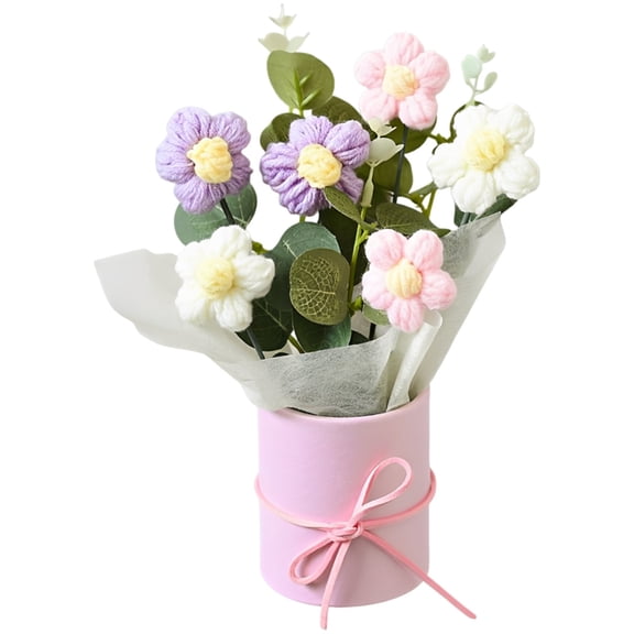 Crochet Flowers Bouquet, Hand-Made Artificial Flowers with Pink Hug Bucket, Valentine's Day Crochet Bouquet for Women Present, 4-Layer Puff Knitted Floral Arrangement for Home Decor