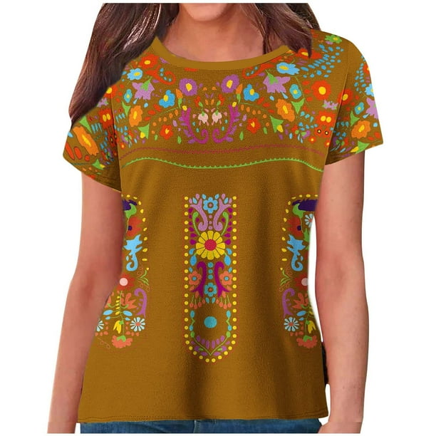 Estilo Étnico de Verano Superior de las Mujeres Impreso Cuello Redondo Manga Corta Superior, Tops Cortos para las Mujeres