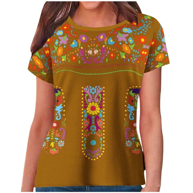 Birdeem Blouses pour Femmes Style Ethnique Rétro Imprimé Manches Courtes Col Rond