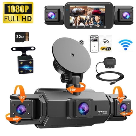 4 Channel Dash Cam Front Rear Inside, 4K UHD Wide Angle Dashboard Camera with 32GB SD Card, IR Night Vision, Loop Recording, 24H Parking Monitor, Motion Sensing