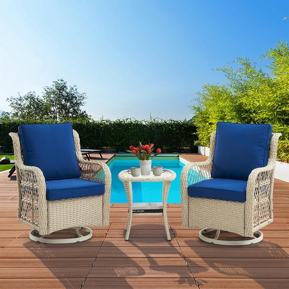 3 Piece Patio Swivel Rocking Chairs Set, 360-Degree Glider with Glass Side Table, PE Wicker Outdoor Furniture for Deck, Porch and Pool,Natural & Blue