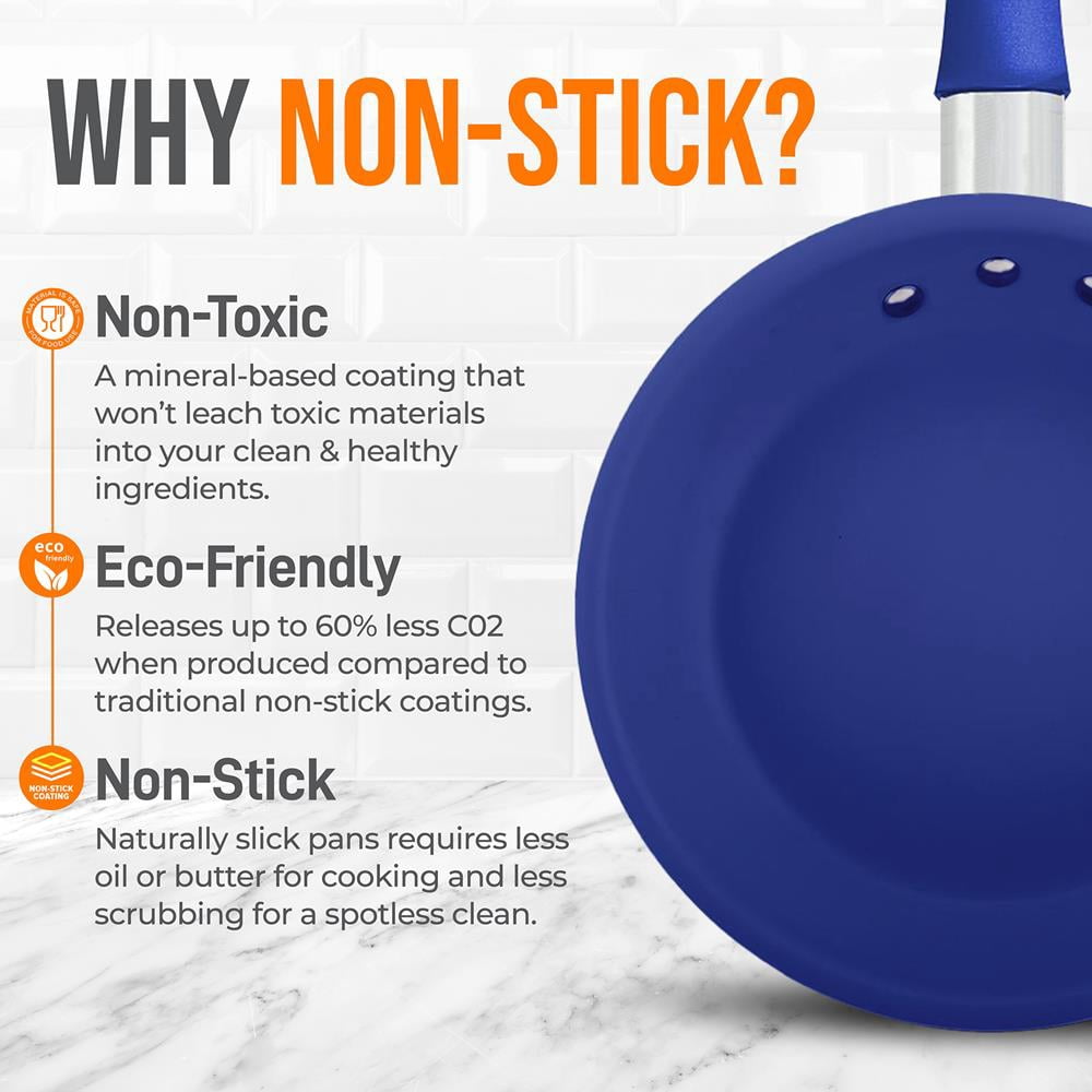 NutriChef 8" Small Skillet Nonstick Frying Pan W/ Lid, Blue Silicone Handle, Ceramic Coating