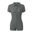 thumbnail image 2 of Women Short Sleeve Ribbed Knit Jumpsuit Button Down Lapel Romper Bodycon One Piece Bodysuit, 2 of 6