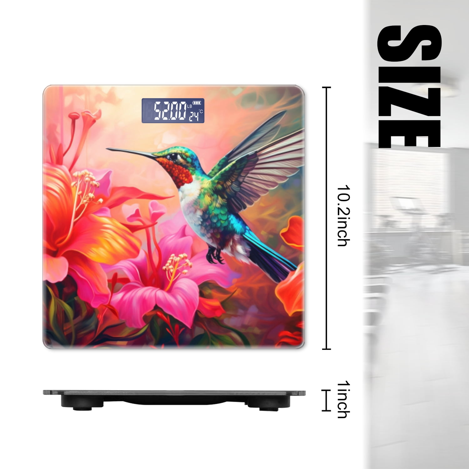 High Precision Body Weight Scale Smart Bathroom Scales with Large LCD Display(400lbs),Decorative for Bedroom-Beautiful Hummingbird Hovers Among Colorful Flowers