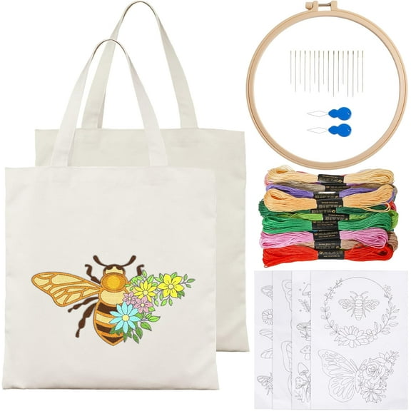 Canvas Tote Bag Kit Including 2 Embroidery Bags 1 Hoop 18 Needles 4 Stabilizers 24 Threads DIY Making