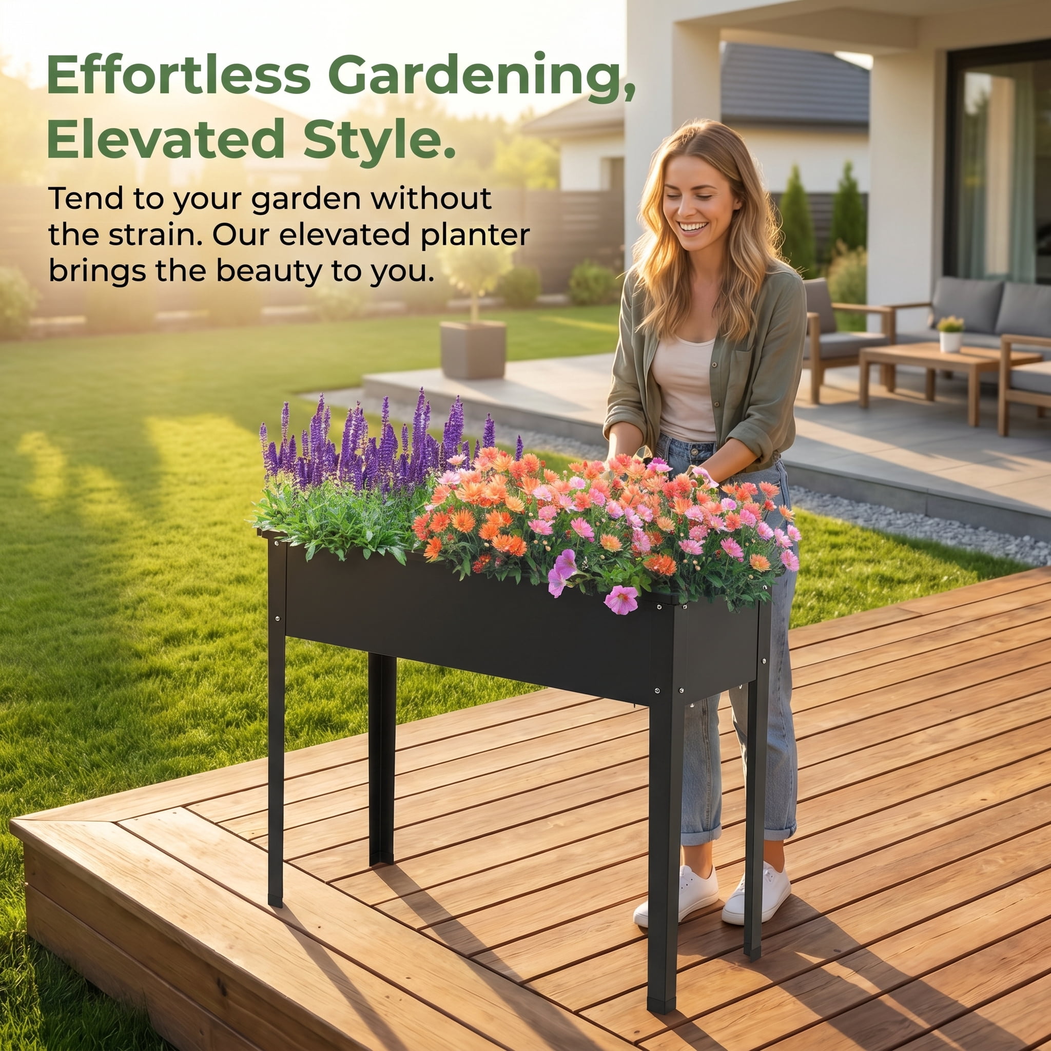 Resenkos Raised Planter Boxes, Large Space Elevated Flower Beds,Metal Raised Garden Bed with Legs and Drainage Hole for Vegetable Flower-40 x 11 x 31.5 inches