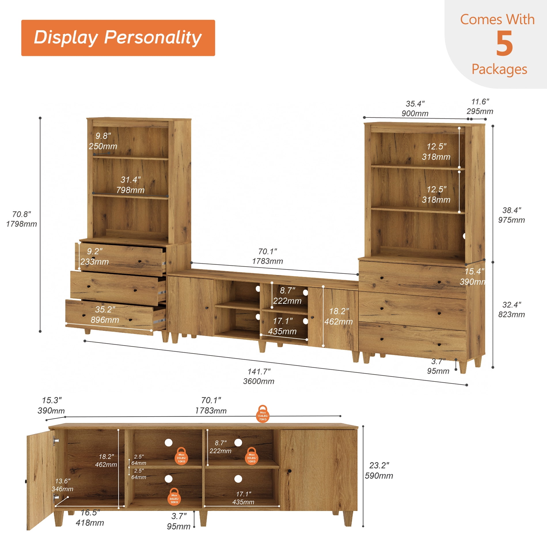 WAMPAT Modern TV Stand and Bookcase Set with Drawers & Cabinets, Oak Brown