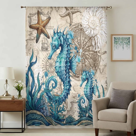 Nautical Coastal Sheer Curtains 54" Long, Retro Marine Life Seahorse Compass Map Beige Light Filering Curtains, Breathable Simi Curtain Privacy Drapes for Kitchen Bathroom Small Window Treatment