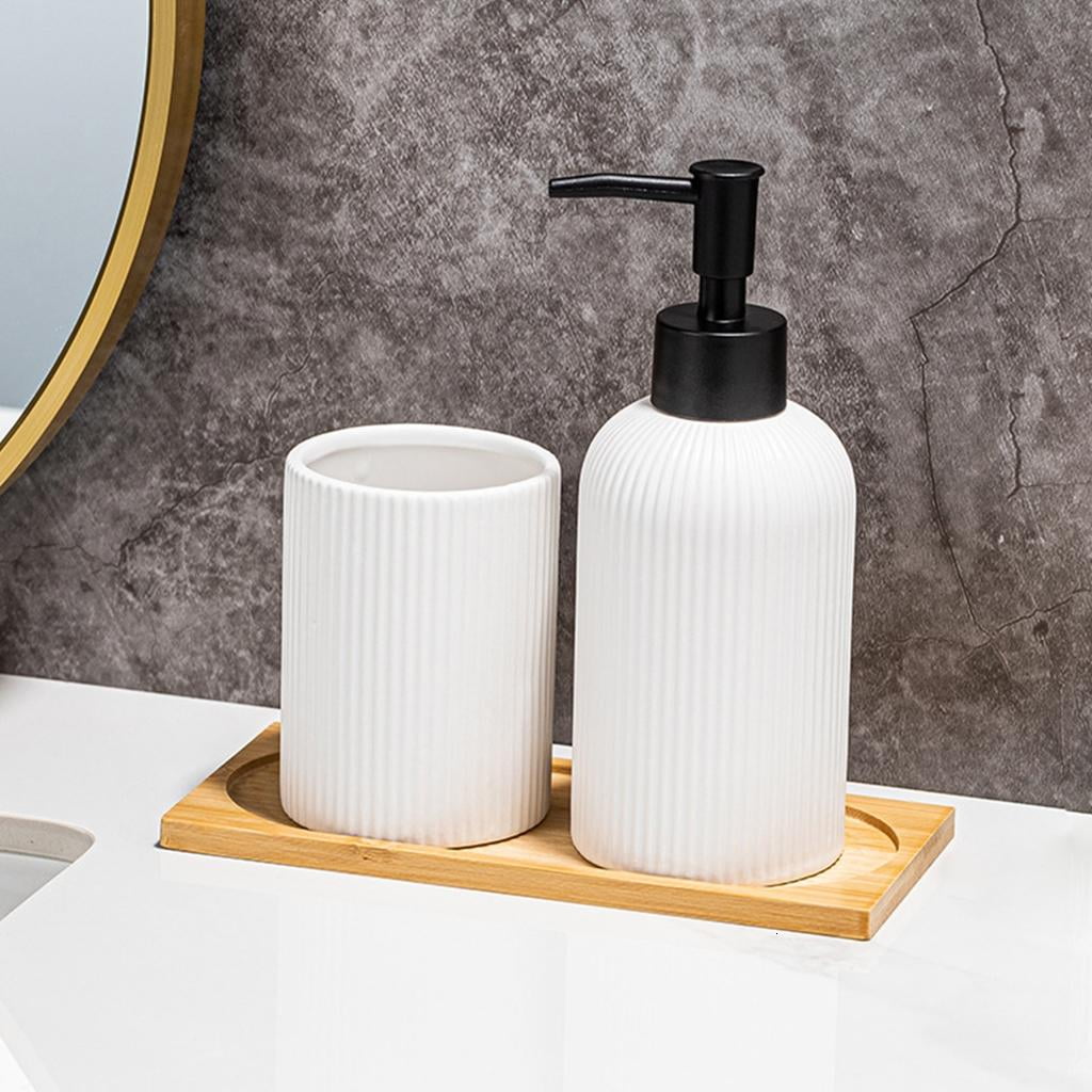 YIEMEEN Set of 3 Ceramic Soap Dispenser Set with Wood Storage Tray and Toothbrush Cup