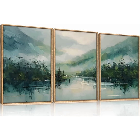 Large Geen Forest Mountain Framed Canves Wall Art Set,Misty Watercolor Artwork,Abstract Modern Nature Pine Tree Landscape Painting for Living Room,Bedroom,Office-16''x24''x3