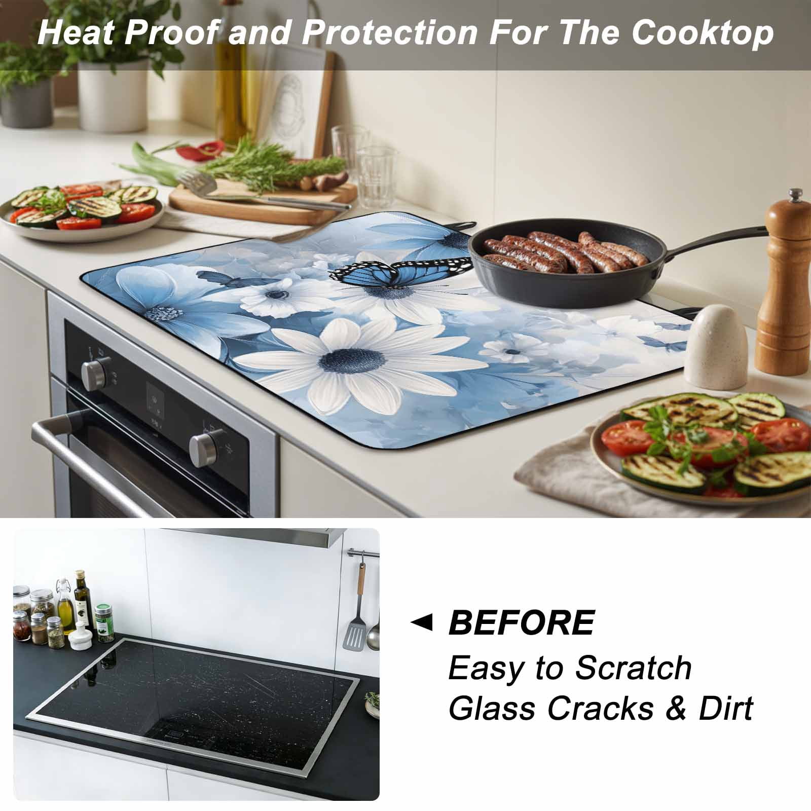 Blue White Floral Stove Top Cover for Electric Stove, Heat-proof & Non Slip Glass Top Stove Cover Protector, Elegant Rustic Butterfly Botanical Kitchen Flat Cooktop Rubber Mat 24x21 Inches