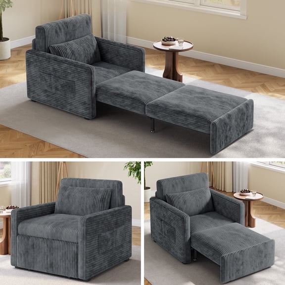 Noelse 3-in-1 Sleeper Chair Bed, Convertible Sofa Bed with Pull-Out Recliner, Corduroy Fabric Accent Chair, Dark Gray