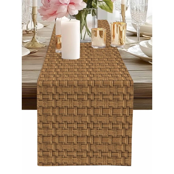 Table Runner Brown Rattan Table Runners Vintage Striped Lines Cotton Linen Dresser Scarf Kitchen Dining Table Decor for Home Dinner Party Decor 13x72 Inch