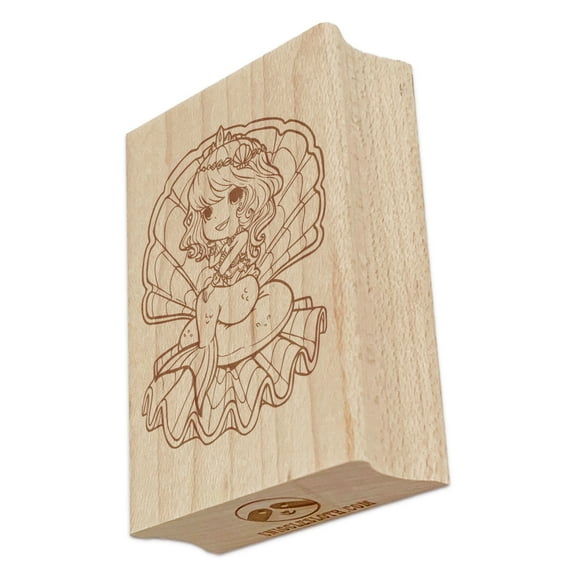 Fancy Kawaii Chibi Mermaid Princess in Giant Clam Shell Rectangle Rubber Stamp Stamping Scrapbooking Crafting - Small 1.7in