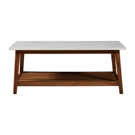 Kingston Wooden Coffee Table with Storage and Marble Look Top Walnut - Teamson Home
