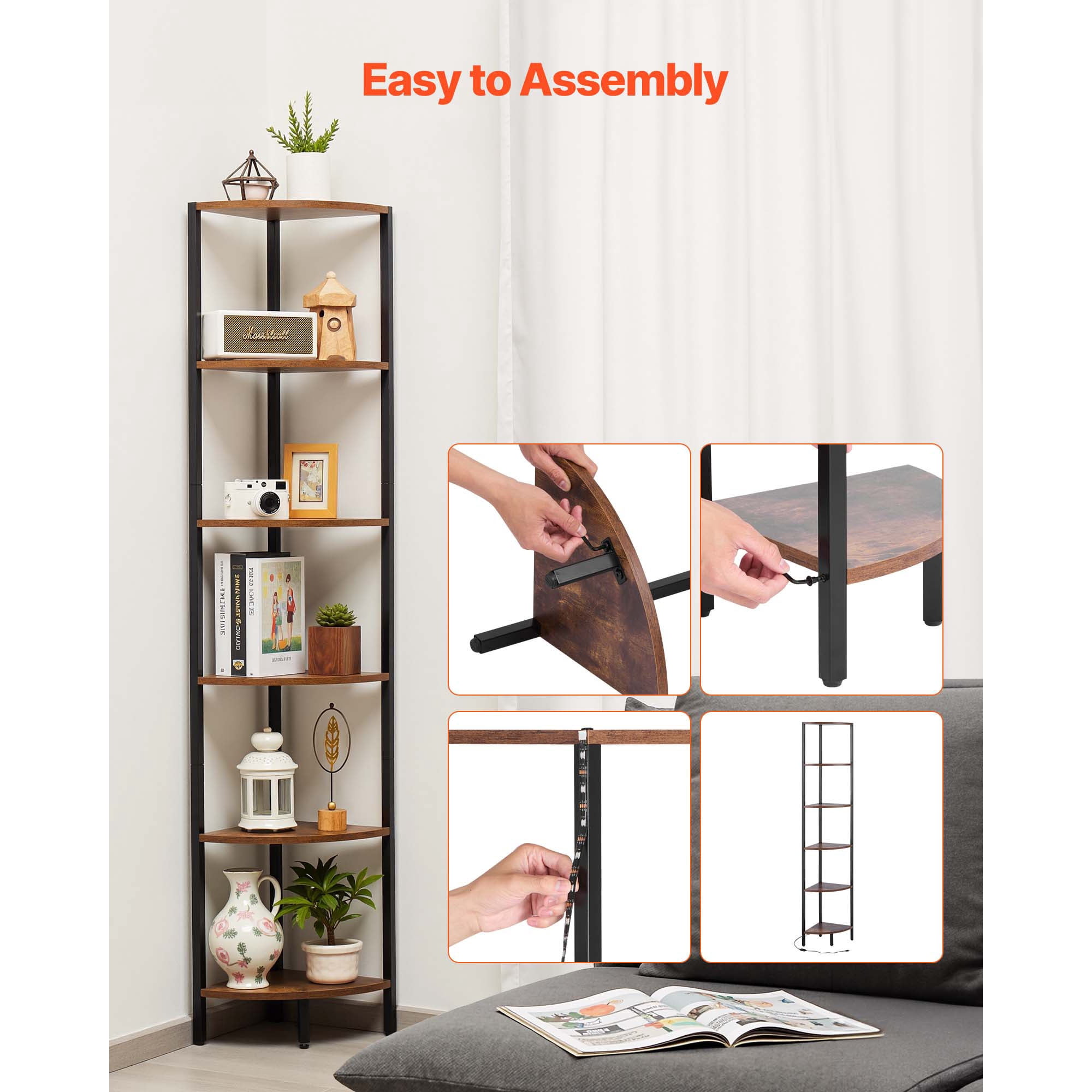 KFFKFF 6-Tier Corner Shelf with LED Lighting, 68" Tall Storage Unit for Collectibles, Display Shelf with Adjustable Multi-Color Lights Controlled by Remote or App for Bedroom, Living Room, or Office