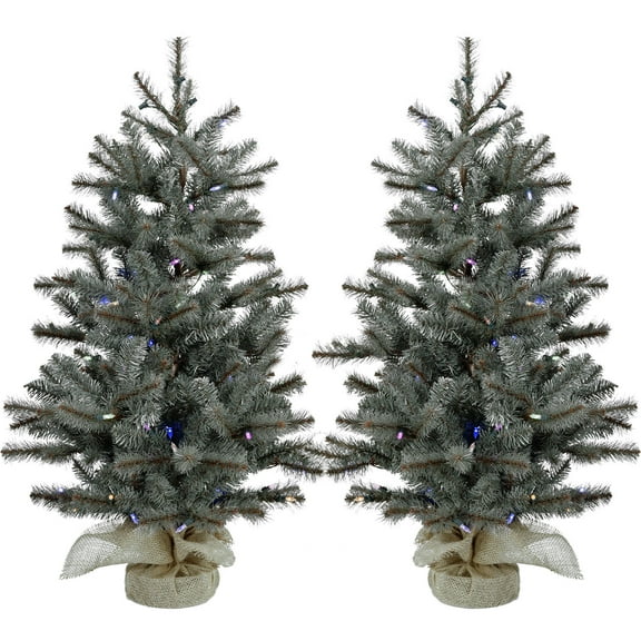 Fraser Hill Farm Set of Two 4.8-ft. Heritage Pine Artificial Trees with Burlap Bases and Multi-Colored LED String Lights, FFHP056-6GRB/SET2