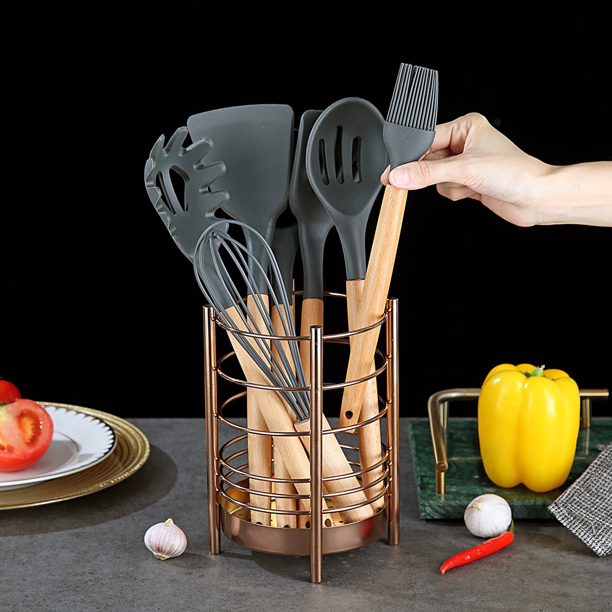 Just Houseware Rose Gold Stainless Steel Utensil Holder, Cooking Utensil Organizer with Drain Holes, Extra Large Kitchen Utensil Holders for Countertop
