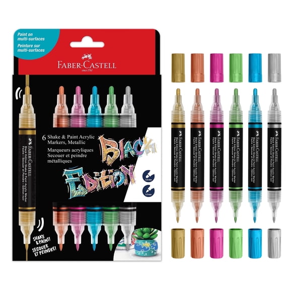 Faber-Castell Shake & Paint Markers: Great for Back to School Art Supplies | Metallic - 6 Count Dual Tip Acrylic Paint Pens & Permanent Fabric Markers