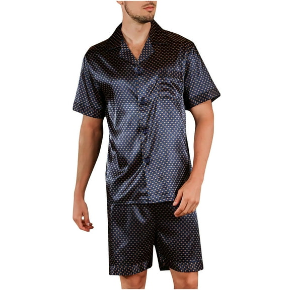 Elainilye Fashion Silk Pajamas for Men Loose Fallow Pockets Button Lapel Plain Print Short Pajama Set Loungewear,Blue