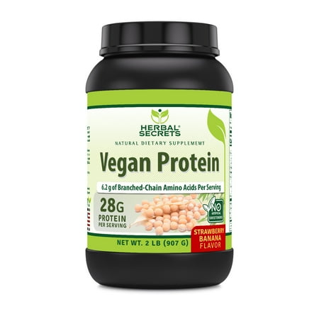 Herbal Secrets Vegan Protein Powder 2 Lbs Supplement | Strawberry Banana Flavor | 39 Gram per Serving | 23 Servings | Vegan | Made in USA