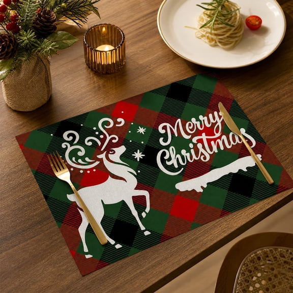 Christmas Plaid Placemats, Merry Christmas Table Mats, Heat Resistant Dining Table Place Mats, Festive Holiday Party Table Decor & Tableware Protection