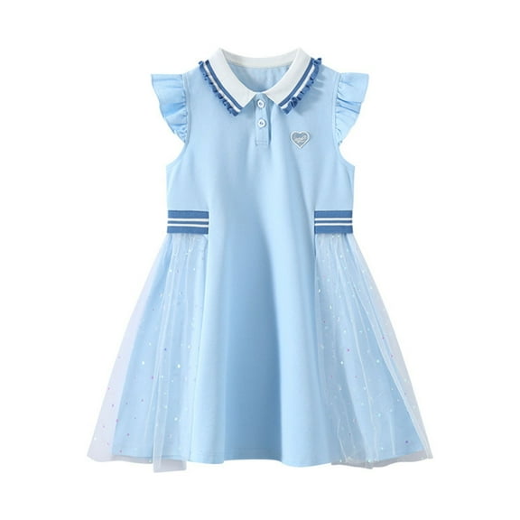 Zwiiyzr 2025 3-14Y Girls Dress Soft Flutter Sleeve Princess Dress Patchwork Gauze Mesh Swing Dress Blue