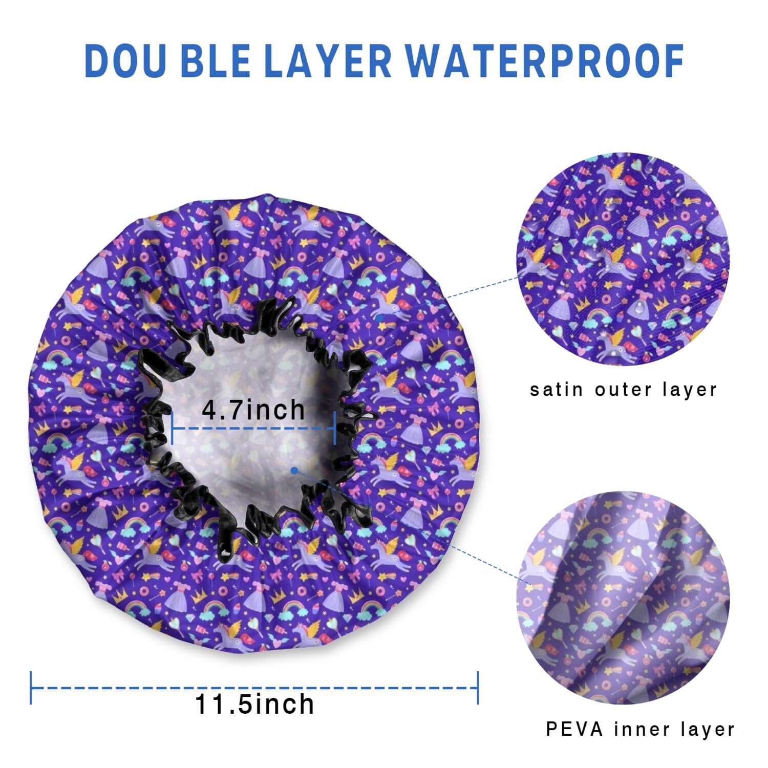 Shower Caps,Purple Cartoon Unicorn Rainbow Crown Waterproof Shower Cap for Women 4 Pieces,Double Reusable Hair Cover for Shower PEVA Elastic Stretch Hem