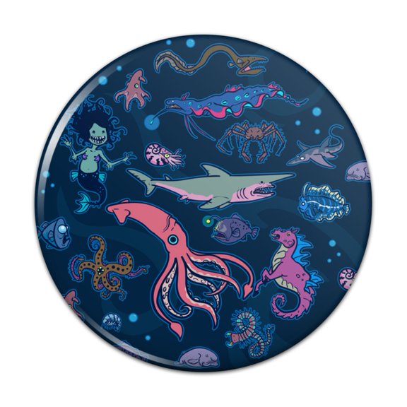 Creepy Deep Sea Creatures Pattern with Mermaid Squid and Shark Pinback Button Pin