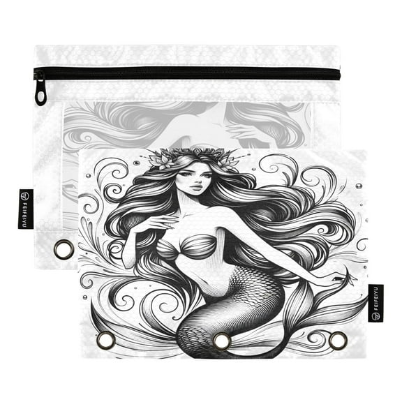 Mermaid Corona 2 Pack Pencil Pouch for 3 Ring Binder Smooth Zipper Folders with Pockets Clear Window Pencil Case