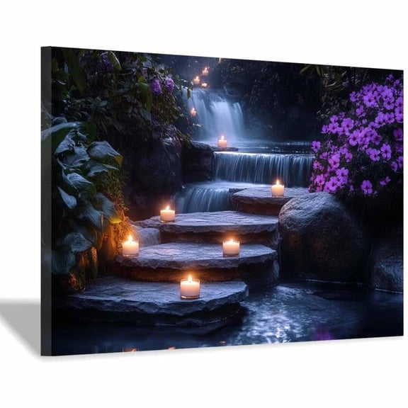 Mudket Waterfall with Candles and Purple Flowers Canvas Wall Art, Framed Print, Ready to Hang Wall Decor for Living Room Bedroom, Fantasy Nature Artwork - 12"L x 8"W