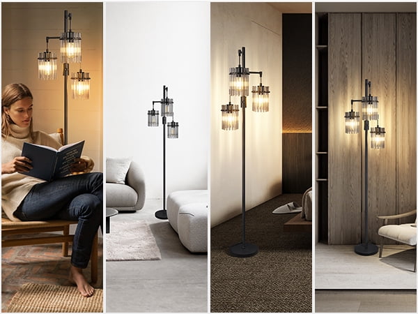 Industrial Modern Floor Lamps for Living Room, Dimmable Glass Tree Standing Tall Lamps with 3 Elegant Teardrop Cage Head & 800 Lumens LED Bulbs for Bedroom Office