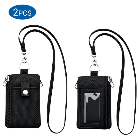 2 Pack RFID Lanyard Wallets, Black Small Zipper Wallets with Keychain, Water Resistant Nylon Badge Card Holder for Women Men, Travel Work School