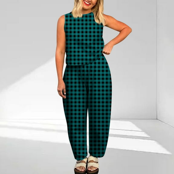 Qetyuw Women's Gingham Sets Loose Fit 2 Piece Outfits Chic Plaid Print Sleeveless Suits Crewneck High Waist Solid Color Wide Leg Sleep wear