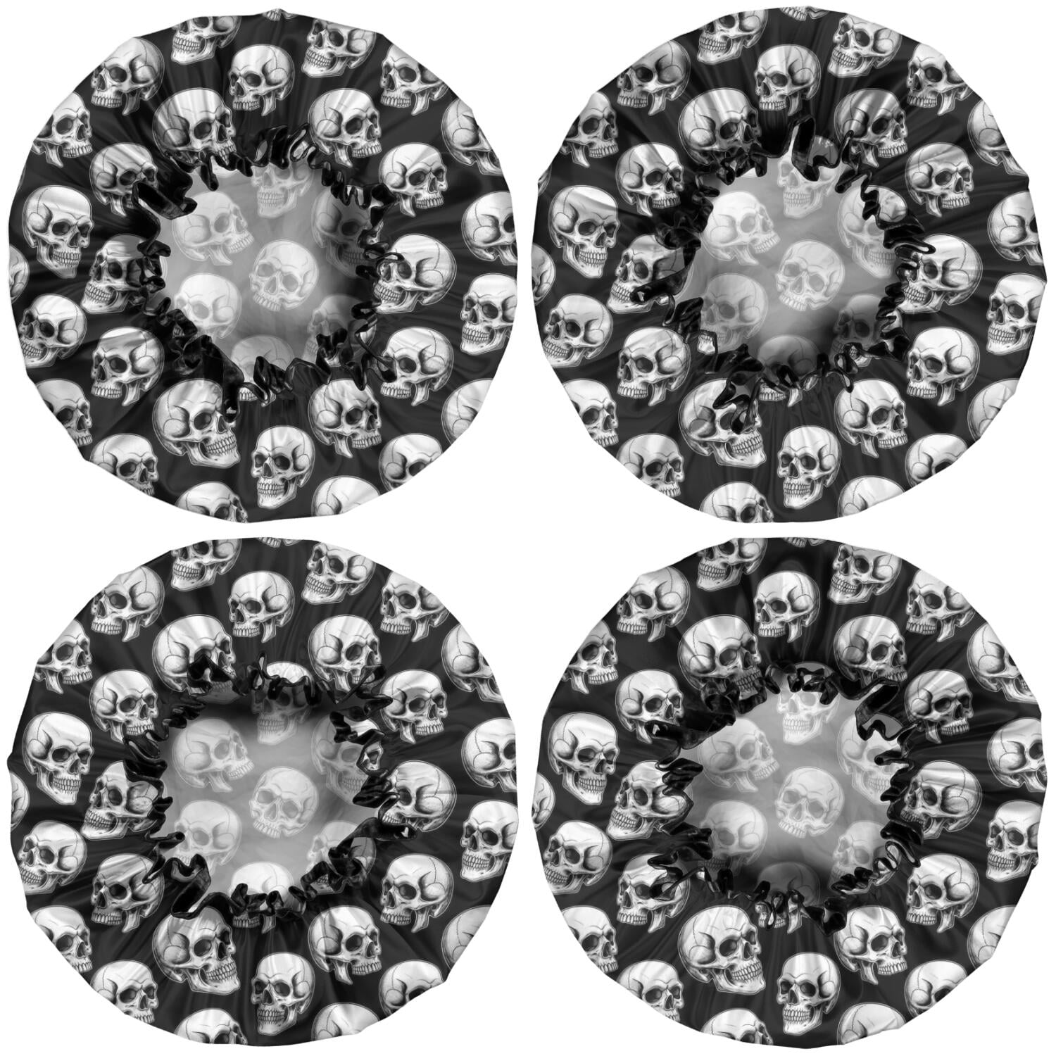 Shower Caps,Black White Skull Pattern Waterproof Shower Cap for Women 4 Pieces,Double Reusable Hair Cover for Shower PEVA Elastic Stretch Hem