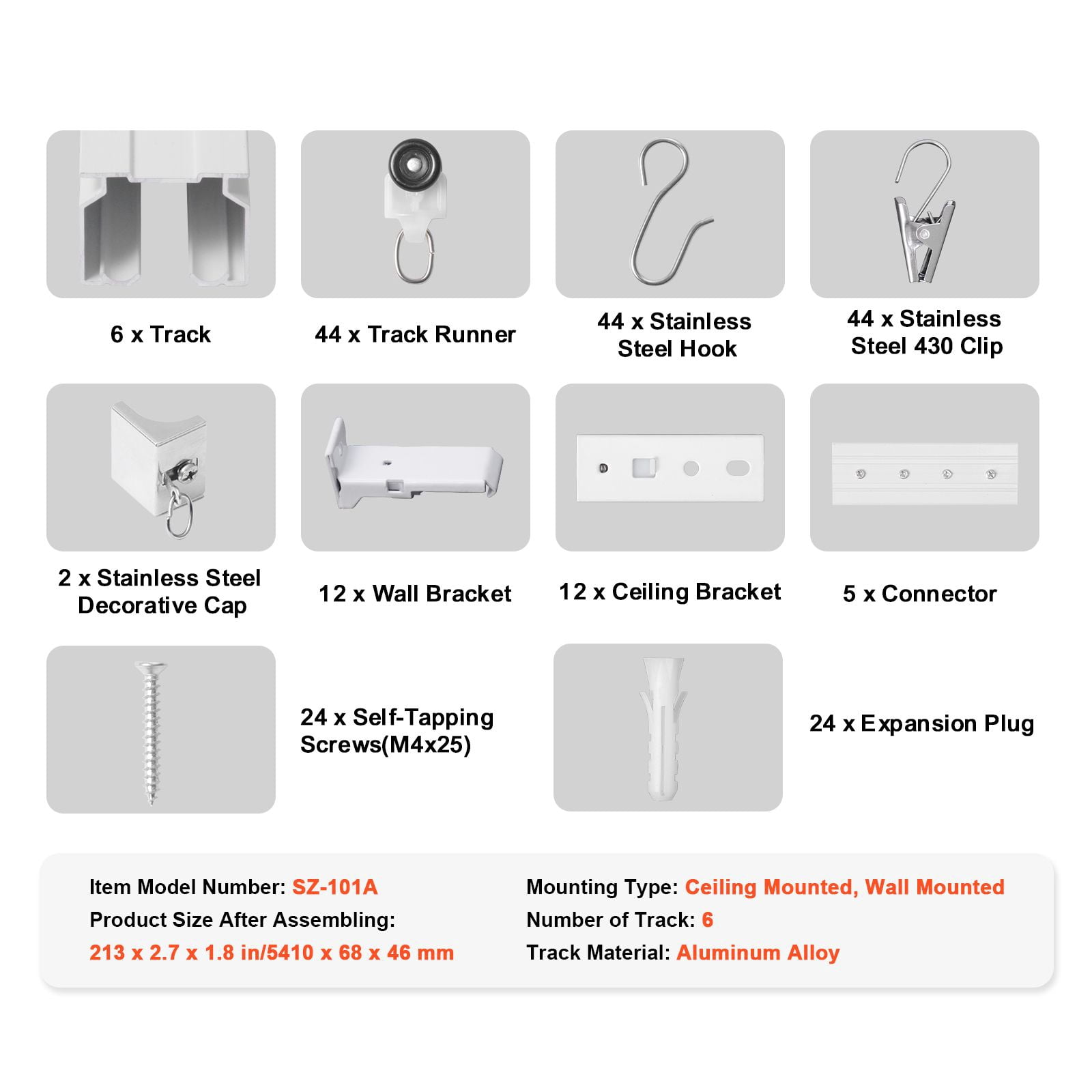 Ceiling Curtain Track Set 6-Pack 35 Inch Tracks Aluminum Alloy Smooth Sliding for Various Curtain Types