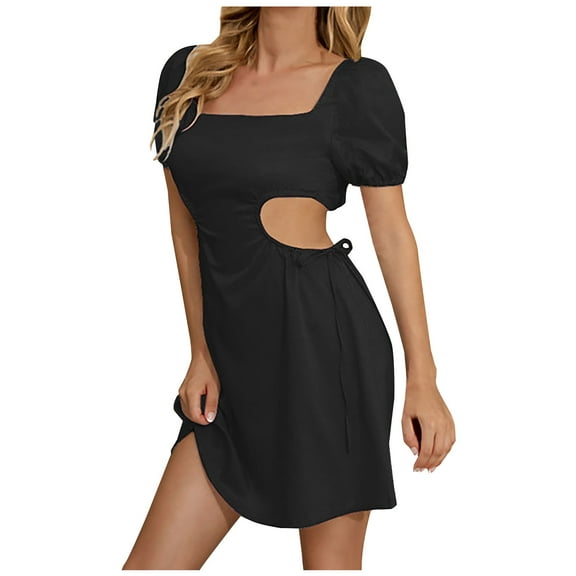 QUYUON Women Cut Out Dress Summer Square Neck Short Sleeve Mini Dress Tie Back A-Line Flowy Short Dress Backless Club Party Dress Swing A-Line Waist Hollow Out Summer Short Dress, Black S