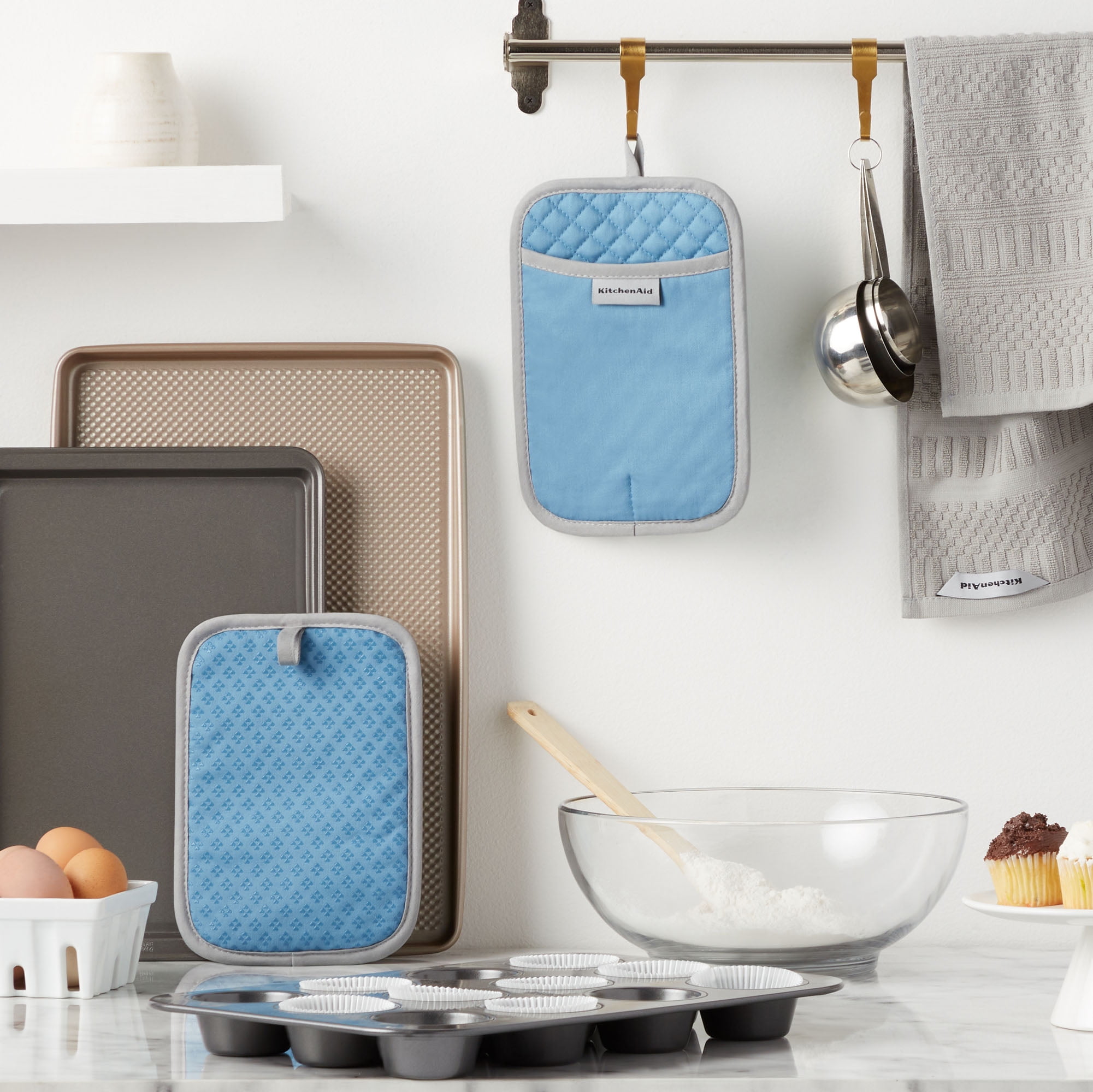 KitchenAid Asteroid Pot Holder Set - Heat Resistant Cotton - Silicone Print  Grips - Set of 2 - Mineral Water Blue in the Kitchen Towels department at