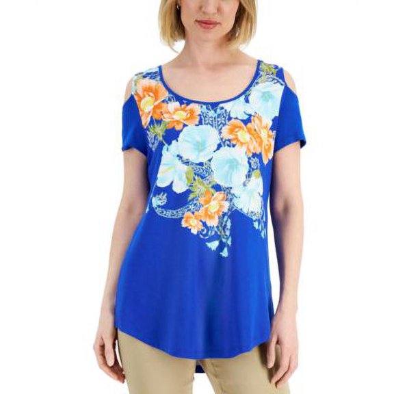 MSRP $70 Jm Collection Womens Floral-Print Cold-Shoulder T-Shirt Blue Size Small