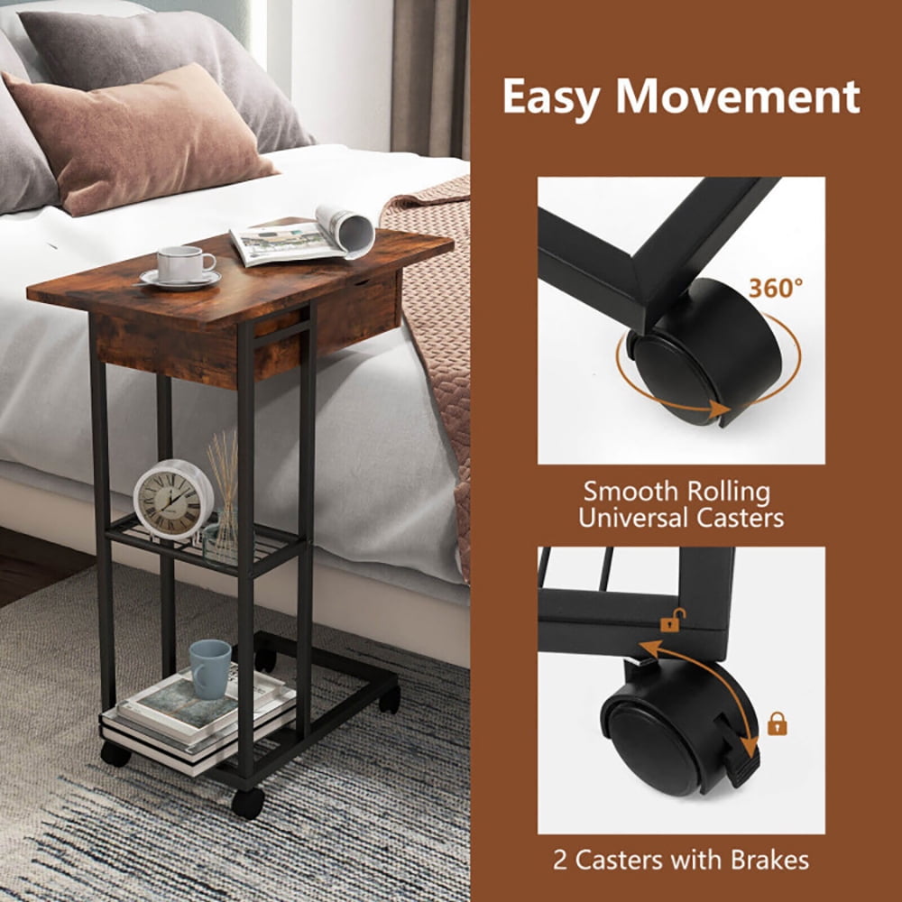 Finihen End Table, C-Shaped End Side Table with Charging Station and Wheels, Sofa Side Table, Bed Side Table, for Living Room, Bedroom, Rustic Brown Finihen End Table, C-Shaped End Side Table with Charging Station and Wheels, Sofa Side Table, Bed Side Table, for Living Room, Bedroom, Rustic Brown