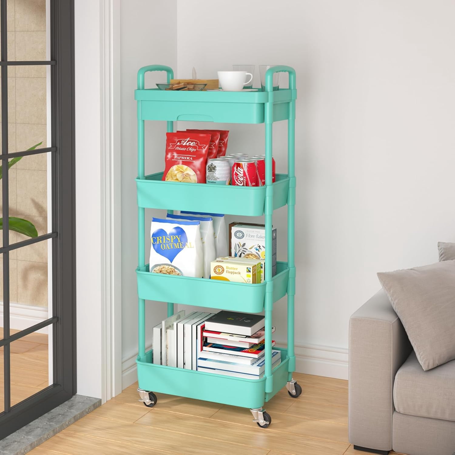 4-Tier Rolling Utility Cart with Drawer,Multifunctional Storage Organizer with Plastic Shelf & Metal Wheel,Storage Cart for Kitchen,Bathroom,Living Room,Office,Green