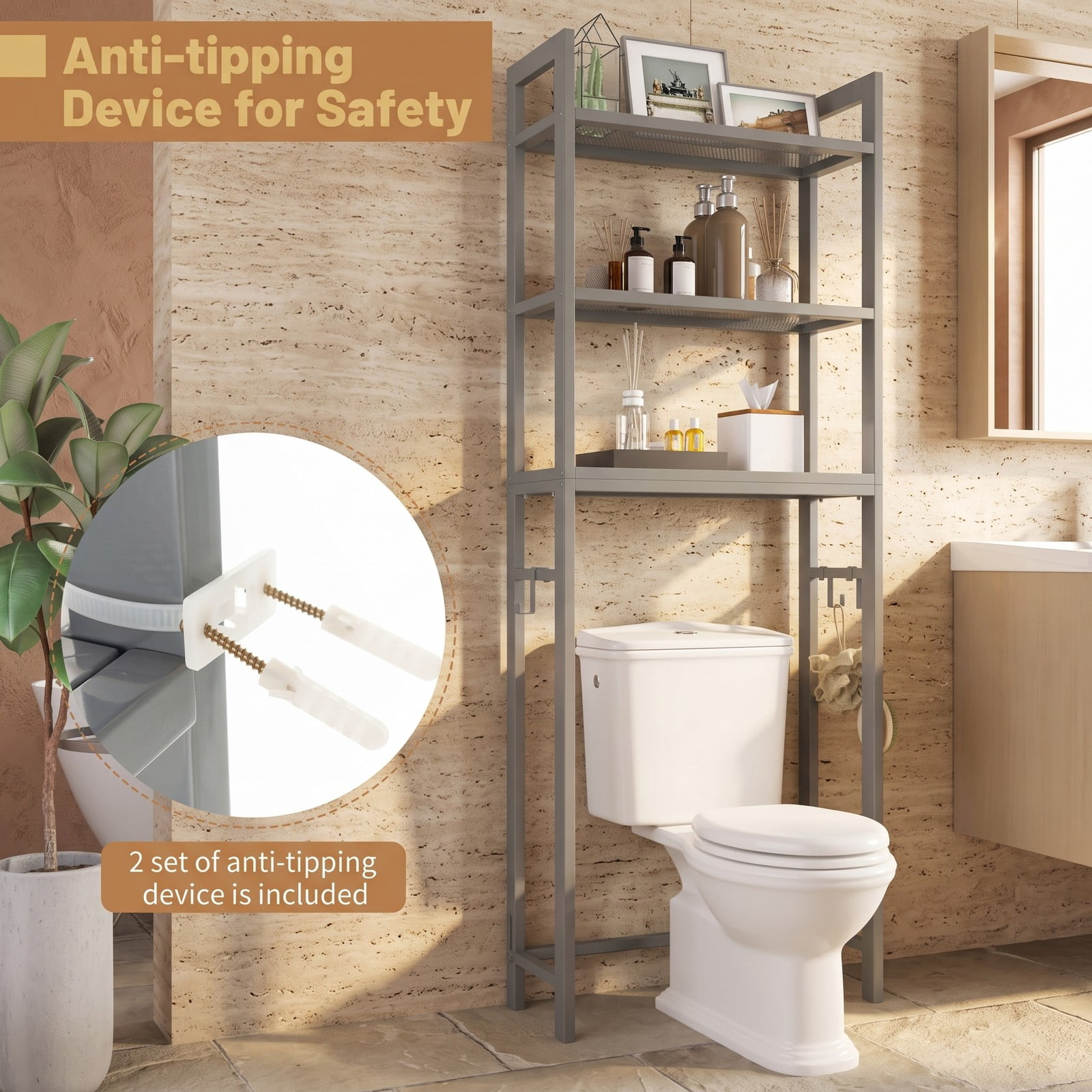 ALPULON Over-The-Toilet Storage Shelf, 3-Tier Space Saving Metal Bathroom Organizer Rack with 3 Hooks and Anti-Tipping Device, Freestanding Above Toilet Stand, Gray