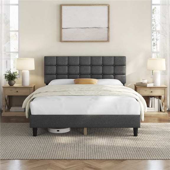 Yaheetech Queen Size Upholstered Platform Bed with Square Tufted Headboard, Dark Gray