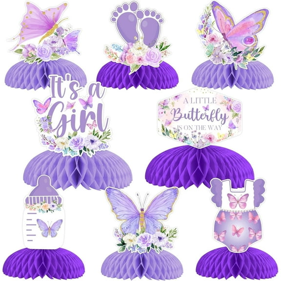 JOYMEMO 8 Pieces Purple Butterfly Baby Shower Honeycomb Centerpieces - Butterfly Baby Shower Decorations for Girls, A Little Butterfly Is on the Way Table Toppers for Pregnancy Newborn Party