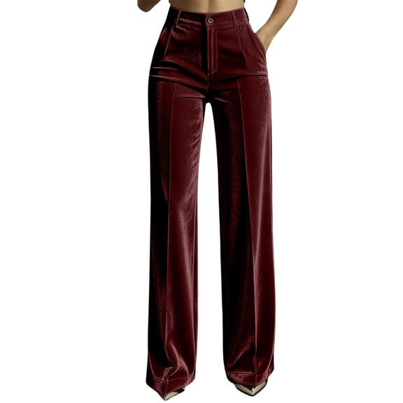cocolona Womens High Waist Velour Dress Pants Elastic Waist Straight Wide Leg Commute Office Pants with Pockets