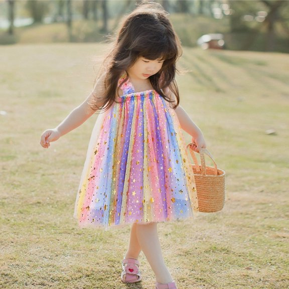 Trendfront Little Girls Rainbow Sundress Mini Sleeveless Square Neck Toddler Star Print Mesh Tutu Skirt Summer Casual Wear