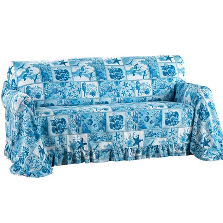 Fur Ruffle - Coastal Décor Blue Ruffled Furniture Throw Cover for Living Room, Loveseat, Blue